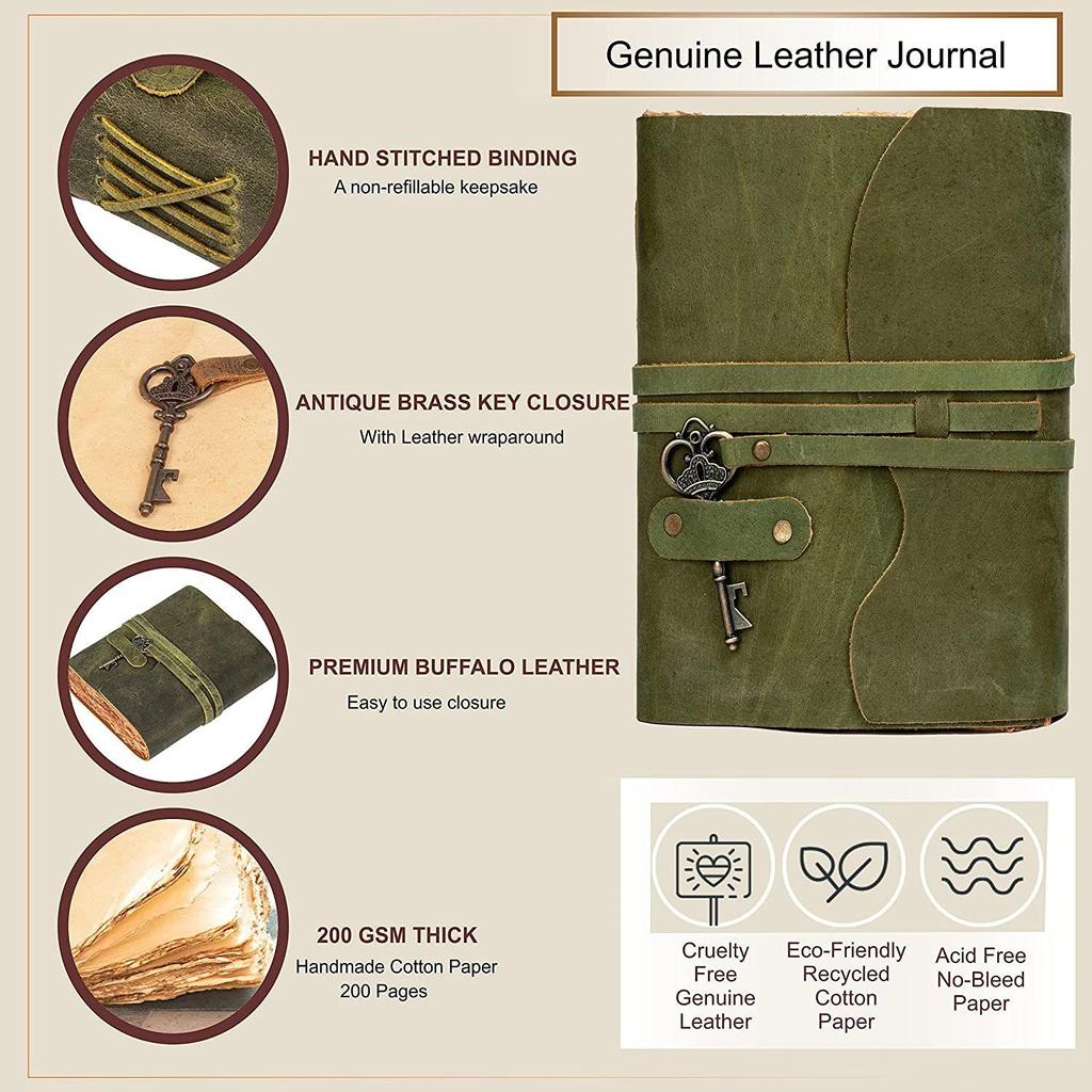 Винтажный кожаный дневник ручной работы - Винтажные страницы ручной работы - Старинная застежка на ключ - Зеленый цвет. Размер 6x4 дюйма