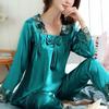Pajama Women's Summer Ice Silk Long Sleeved Pants Two-piece Set Loose Oversized Lace Sexy Home Clothing Autumn
