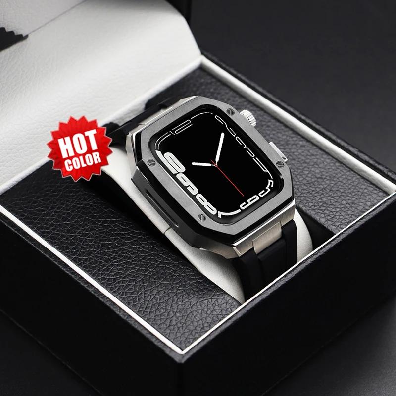 Модификация Роскошный корпус из нержавеющей стали для Apple Watch 8 7 6 5 Ремешок Металлический браслет для IWatch 42 мм 44 мм 45 мм Резиновый ремешок для часов