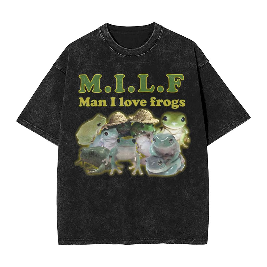 I Love Frogs MILF T Shirt Hip Hop Washed Short Sleeve Street T-Shirt Vintage Wo Tops Streetwear Summer Tops Tees