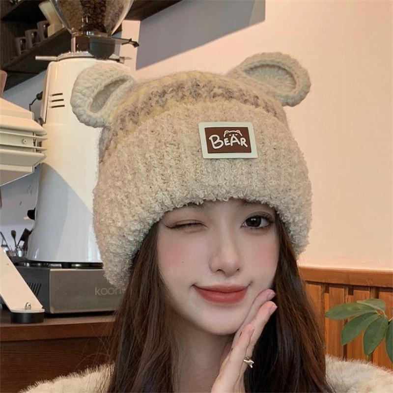 Autumn and winter new sweet and cute ears women cold and warm bear knitted hat striped ear protector knitted hat