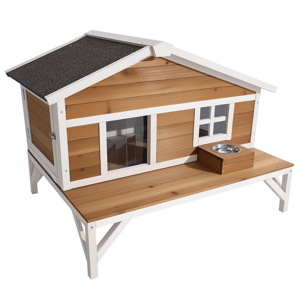 Insulated Cat House, All-Around Foam Insulation Elevated Cat Shelter, Wooden Feral Kitty Shelter with Large Platform, Waterproof Cats Condos for