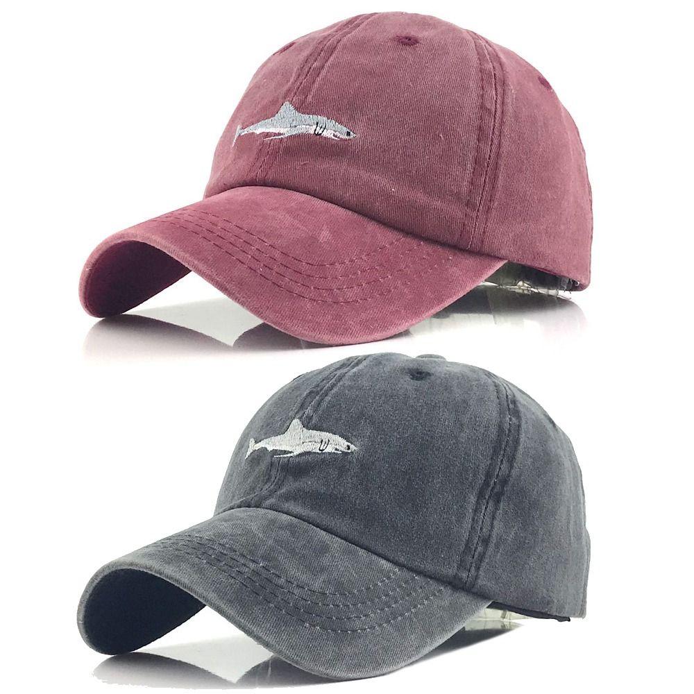 Бейсболки из промытого хлопка. Кепки дальнобойщика с вышивкой акулы. Бейсбольная кепка с хвостиком в стиле хип-хоп. Рыба.