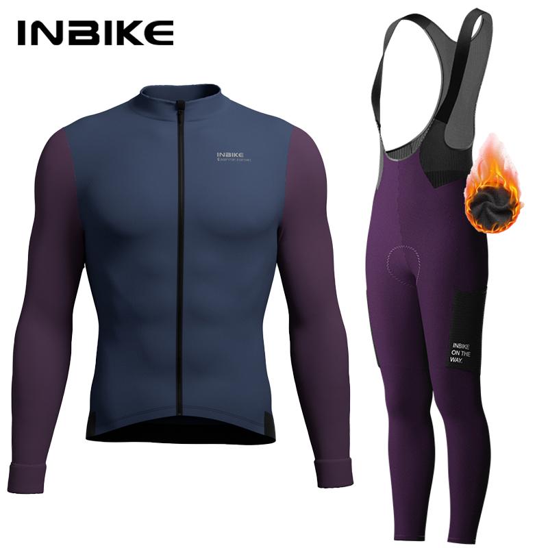 Зимняя велосипедная одежда INBIKE для мужчин Флисовые велосипедные комплекты Джерси с длинным рукавом и карманами Длинные велосипедные комбинезоны для шоссейных велосипедов