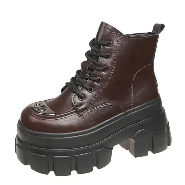 Модные женские кожаные ботильоны 9 см Новые 2024 Осень Зима Плюшевые Теплые Массивные Ботильоны Клиновидные Каблуки Мотоциклетные Ботинки Молния Черные Меховые Туфли