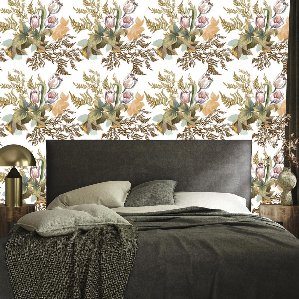 Leaves and tulips wallpaper in vintage style for living room and bedroom 50x1000