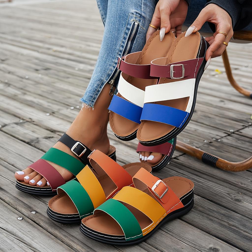 Ladies' Classic Slope Heel Sandals - Comfortable, Lightweight, Set On Style, Open Toe Design, Color Blocked Belt Buckle, Simple Slippers