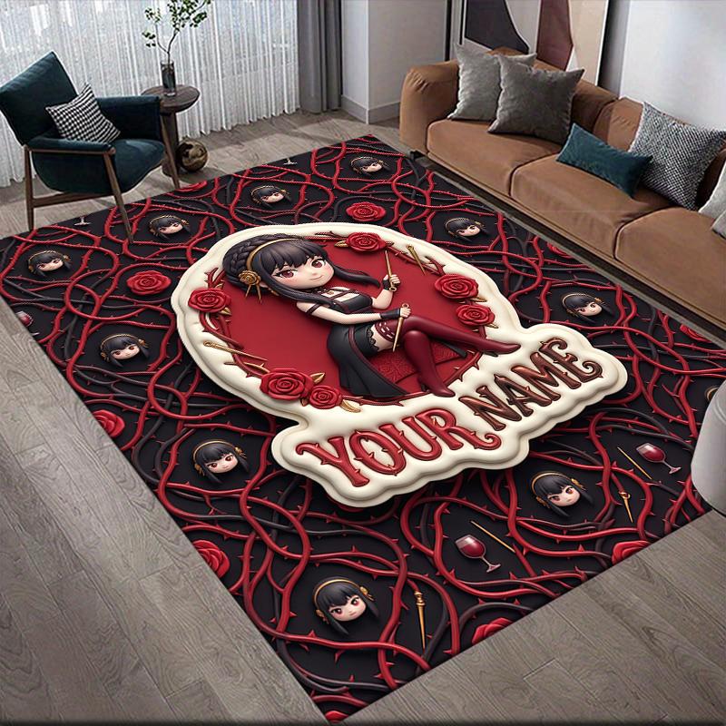 Custom Name,SPY×FAMILY Home Sofa Decoration for Living Room & Bedroom, Non‑Slip Play Flannel Floor Mat for Game Room