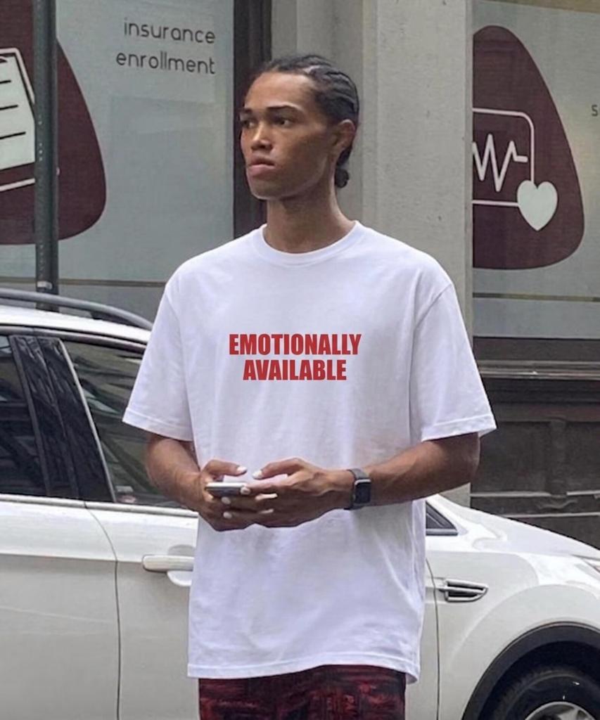 Emotionally Available Graphic Tee - Y2K Streetwear Aesthetic Quote T-Shirt and kids tshirt - Minimalist Meme Artist Gift for Him Her