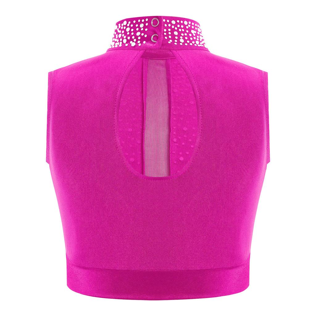 Укороченный топ для девочек Lyrical Dance с воротником-стойкой, без рукавов, вырез-замочная скважина сзади, отделка стразами для современных выступлений