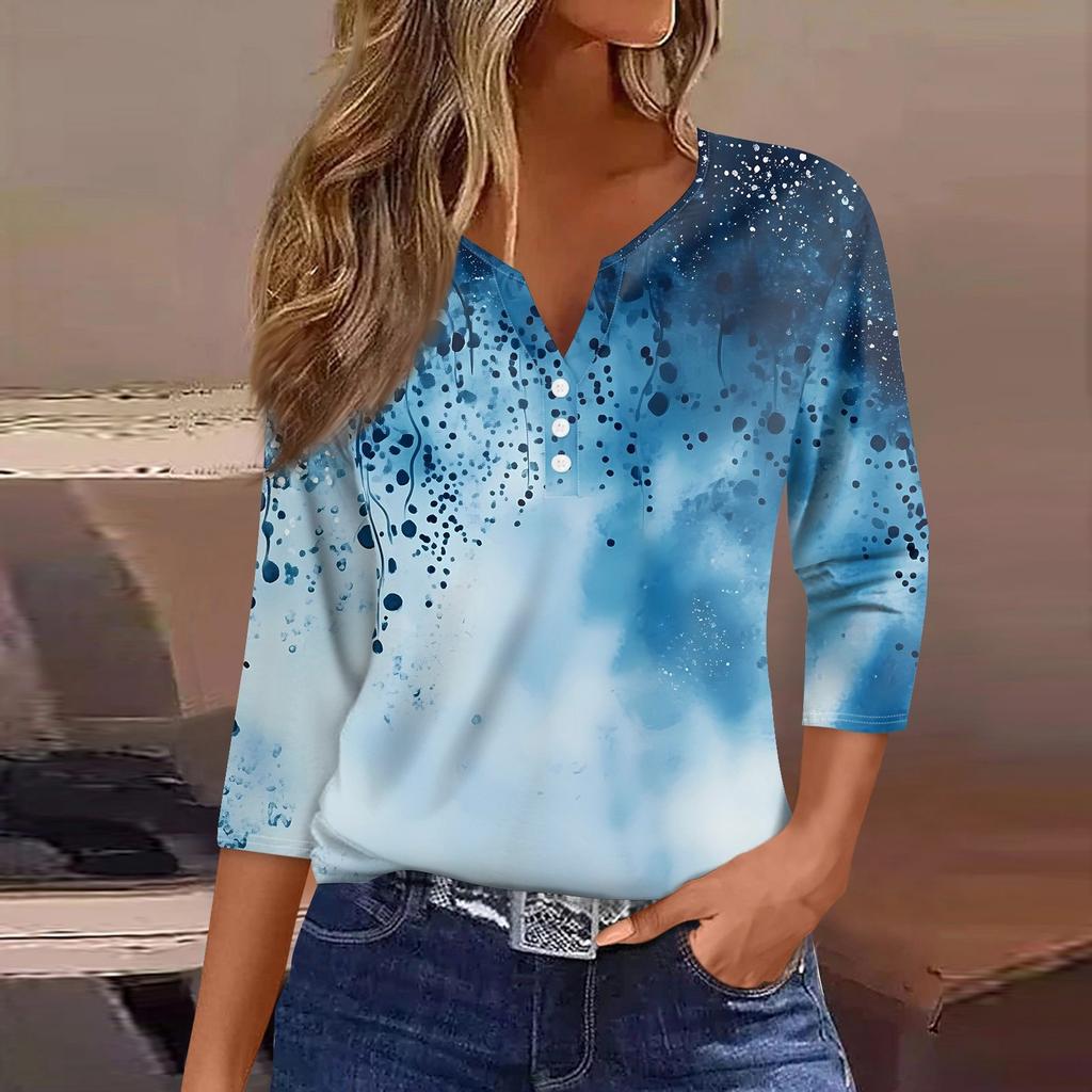 Жен. Футболка С принтом Пуговицы Рукав 3/4 Повседневные Выходные Мода Классический Классический V-образный вырез Обычный Верх