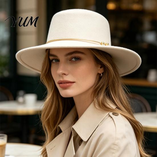 Sophisticated Daily Commuting Hat Retro Flat Top Hat, Wool Felt Pork Pie Bowler with Winter Warm Fedora for Women Metal Ring, Wide Brim Trilby