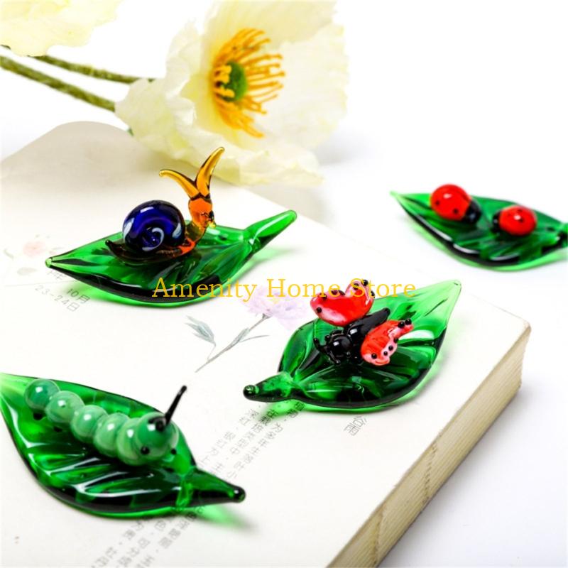 F26C Art Glass Insect Miniature Animals Collection Glass Green Leaf Ladybugs Ants Figurine Tabletop Ornament Home Office Decors