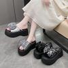 Bow Sequins One Line Dragging Women's Summer New Style Fairy Style Wearing Fish Mouth 8cm Height Increasing Sponge Slippers