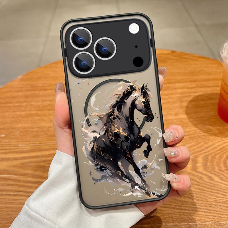 Тонкое магнитное кольцо для чехла Magsafe для iPhone 17 Pro Max Чехол iPhone 16 15 14 13 Pro Max 17E Роскошный гибридный чехол из ТПУ+ПК с принтом лошади Матовый