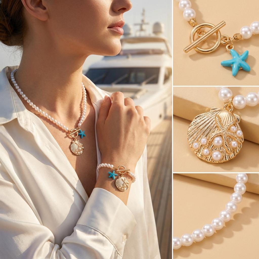 Boho Blue Starfish Shell Pendant Necklace Bracelet Set for Women Fashion Imitation Pearl Conch Scallop Choker Beach Jewelry