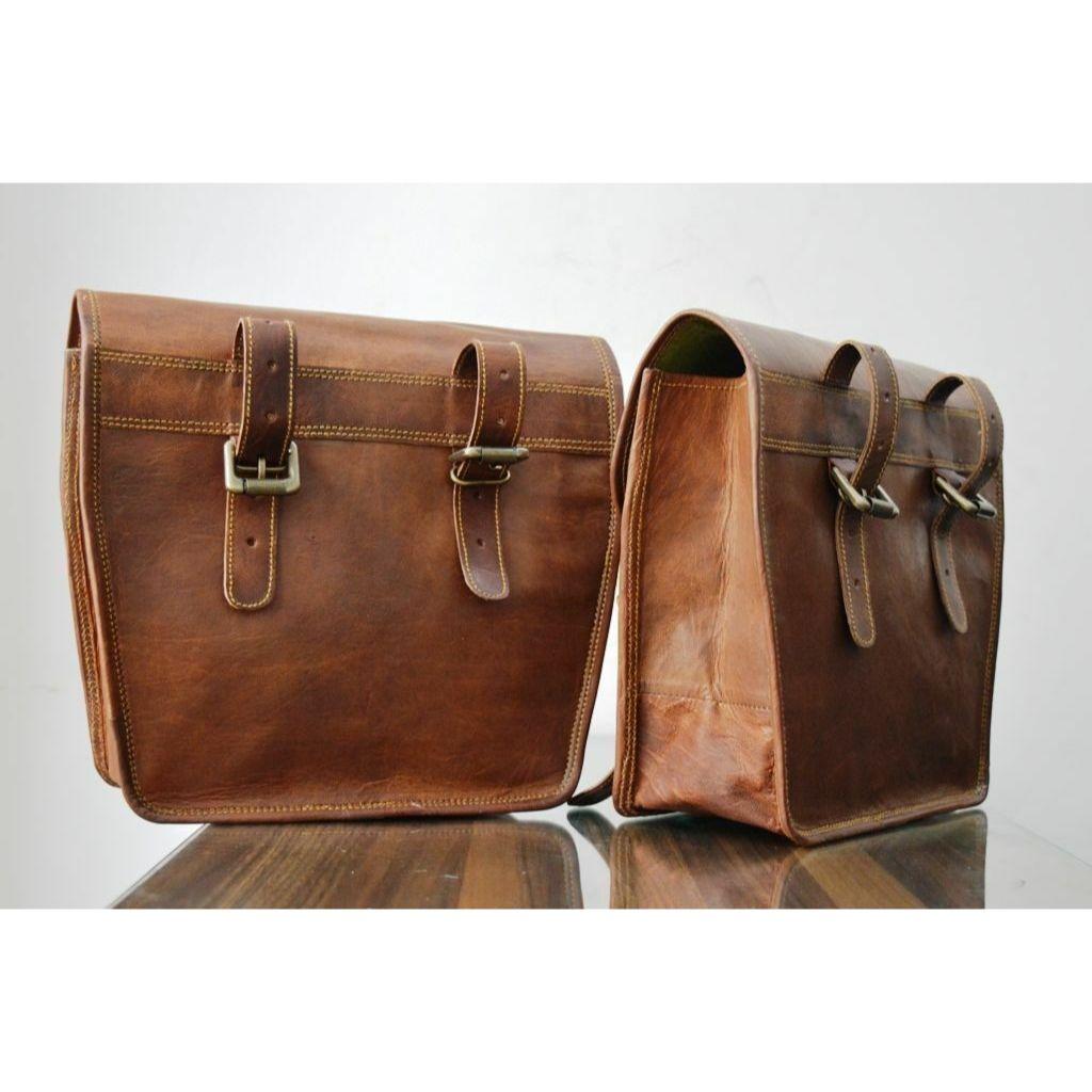 Leather Motorcycle Saddle Bags Two Brown Leather Side Pouch Panniers Real Goat