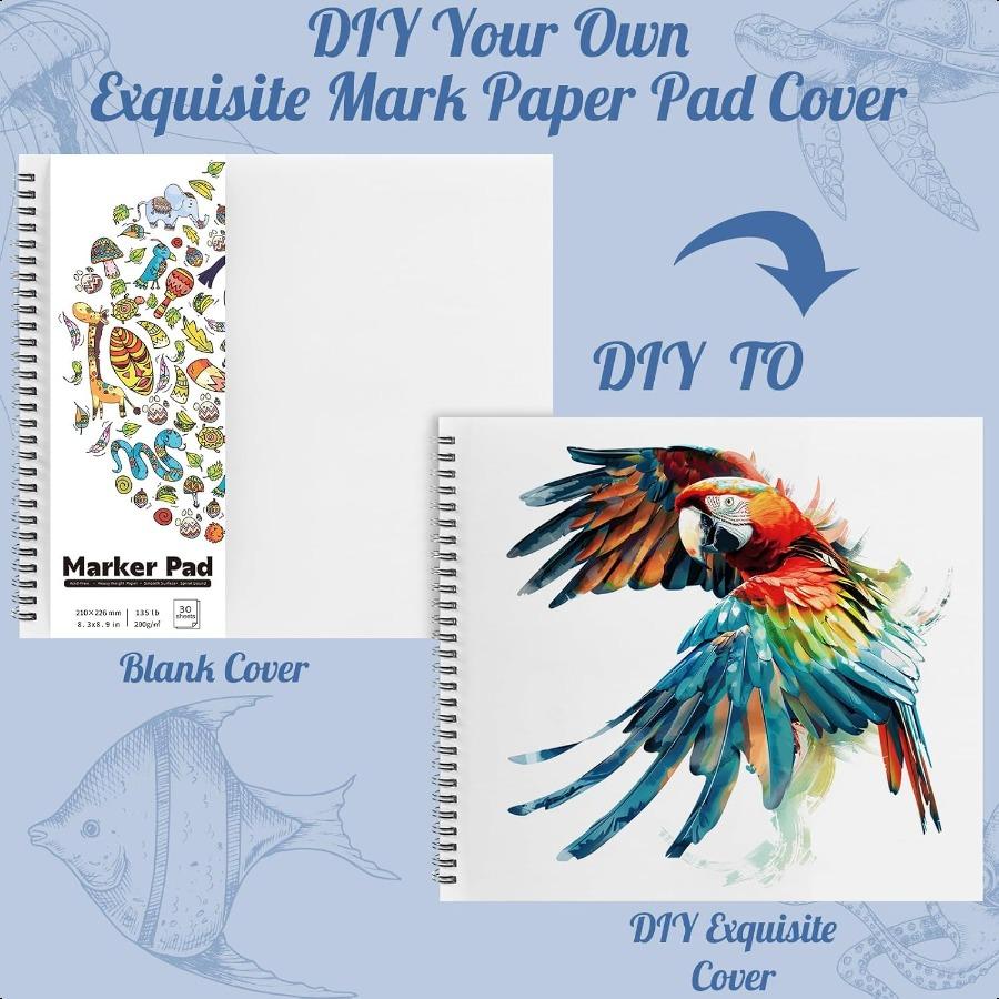 Блокнот для маркеров 135 фунтов 200 г/м² 8,3×8,9 дюйма Двусторонний не протекающий скетчпад 30 листов Художественная бумага Спиральный скетчбук Гладкая живопись