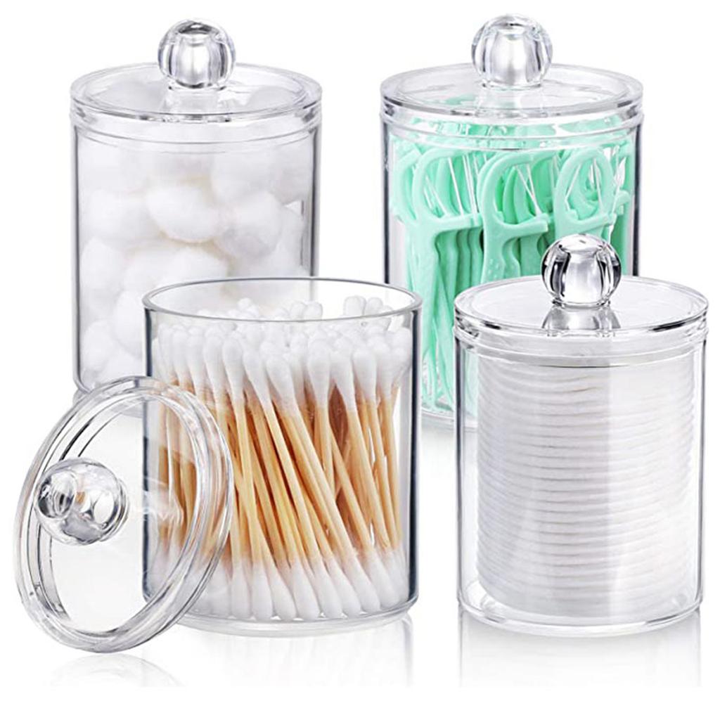 4Pcs Qtip Holder Dispenser with Lids Clear Acrylic Bathroom Jars Swab Storage Multifunction Acrylic Cosmetic Makeup Organizer