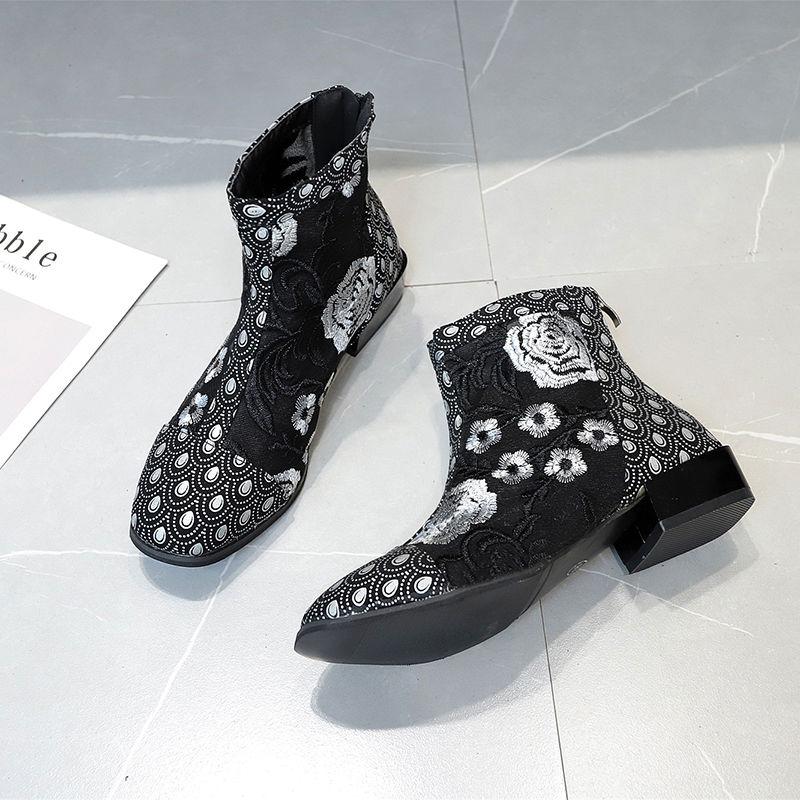 Женские повседневные офисные ботинки с квадратным носком, летние ботинки, женская обувь с цветочной сеткой на молнии и круглым носком