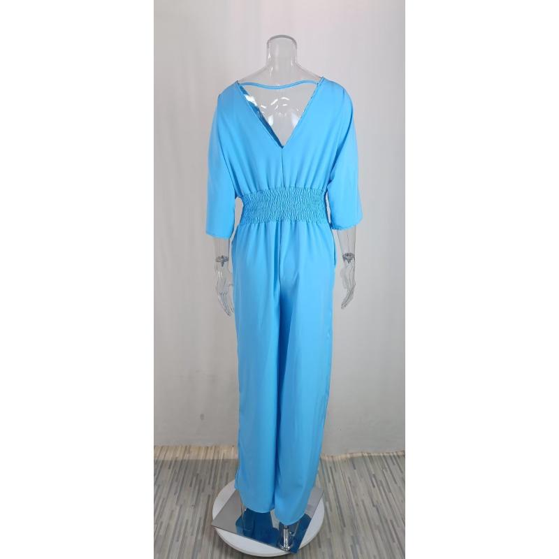 Летнее элегантное платье, женская мода, однотонный повседневный комбинезон с короткими рукавами и v-образным вырезом