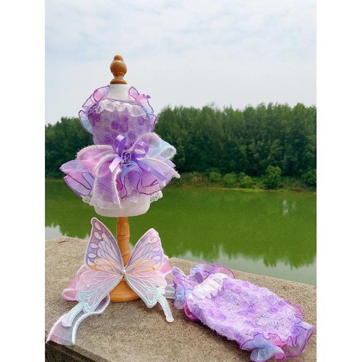 Purple Fairy Wing Pet Dog Clothes Fashion Luxury Handmade Lace Bow Princess Dress For Small Medium Dogs Chihuahua Puppy Outfits