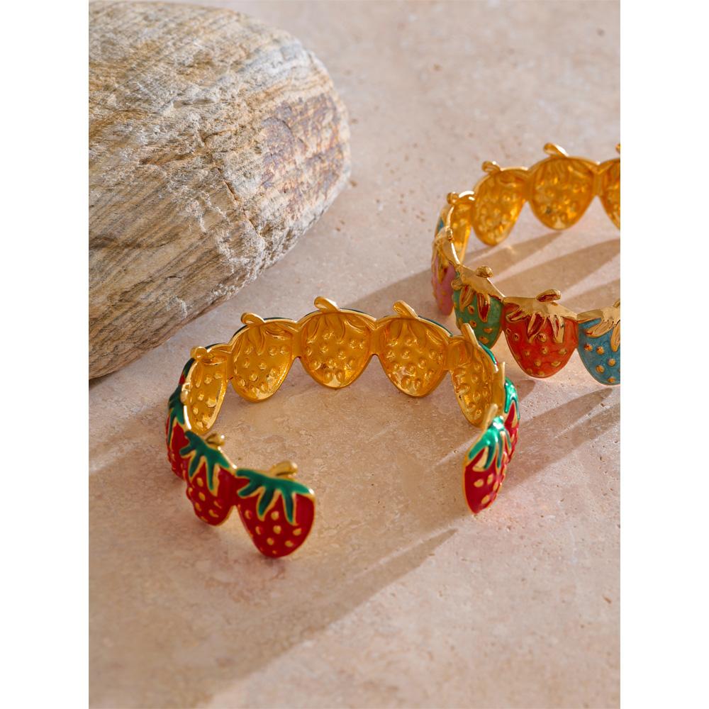 Eetit Красный и разноцветный эмалированный браслет-манжета с открытым концом и клубникой, горячий стиль, из нержавеющей стали, золотистый, ювелирное украшение на запястье с фруктами