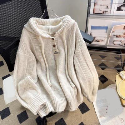 Осенне-зимний вязаный свитер с капюшоном для женщин с длинными рукавами, теплый свободный пуловер на пуговицах, однотонная толстовка