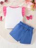 Baby Girl 2PCS Fashion Summer Outfit Set Butterfly Print Ruffle Sleeve T-Shirt + Denim Shorts for 0-3Y Newborn Casual Clothes