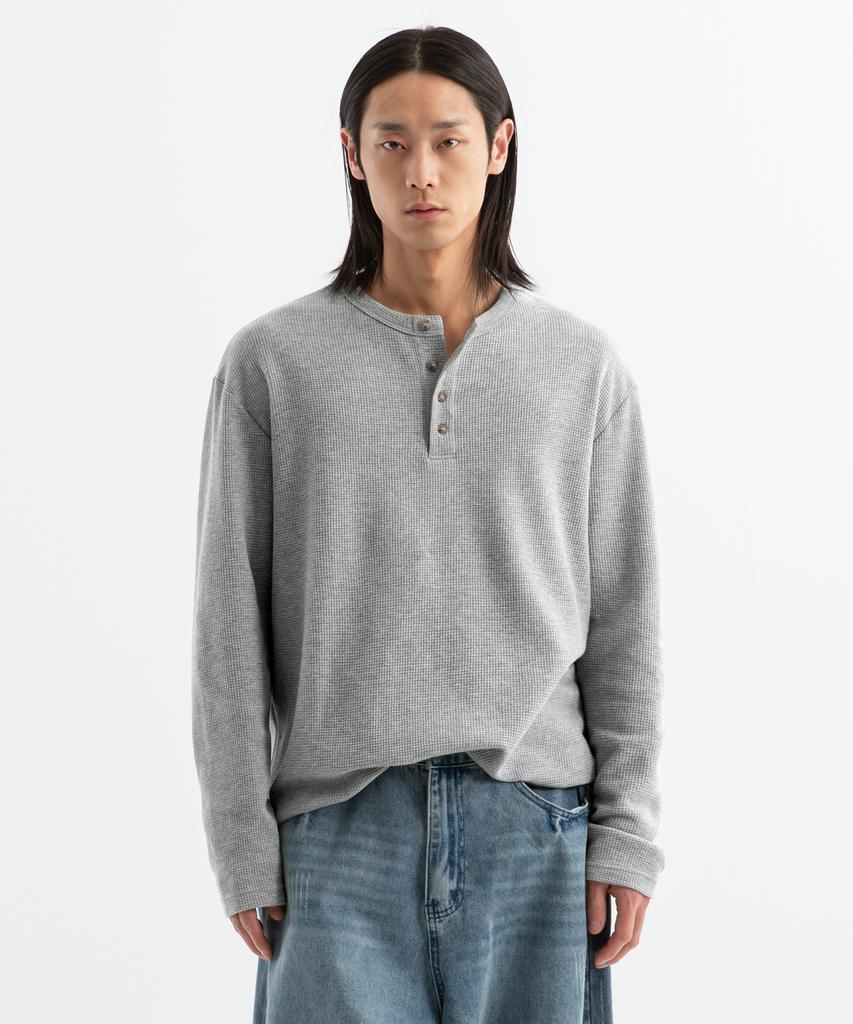 БРЕНСОН (вафельный) Свободная вафельная футболка-henley с длинным рукавом (4 цвета)