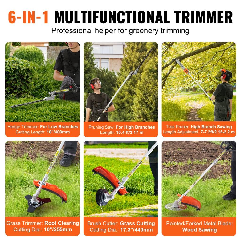 6-in-1 Multi-Functional Trimming Tools Gas Hedge Trimmer 33CC Weed Eater