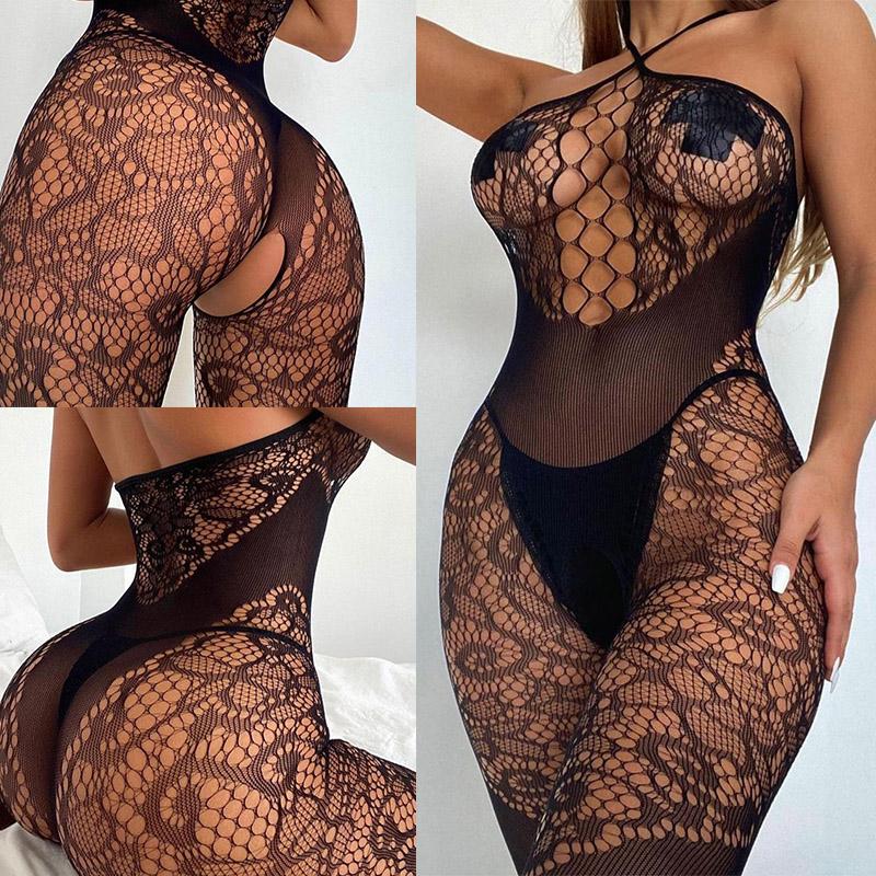 Trend Sexy Open Crotch Bodystockings Women Sexy Lingerie Sheer Fishnet Bodysuit Lace Underwear Erotic Outfits Crotchless Tights