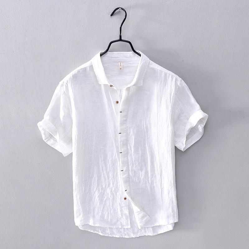 Men's Retro V-Neck Linen Stand Collar Short Sleeve T-Shirt - Plus Size, Thin & Breathable