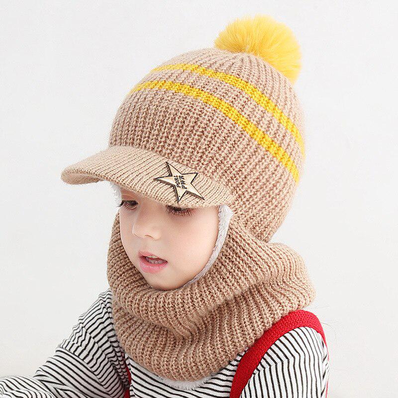 Children Hats Winter Crochet Hat Scarf One Piece Kids Caps Girls Pompom Baseball Cap Baby Hat 