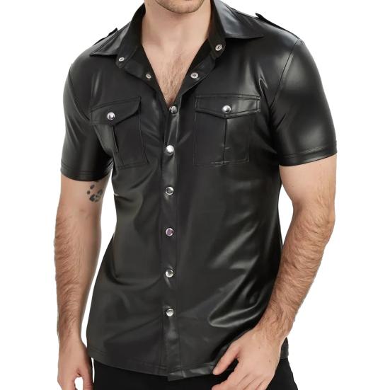 Мужская металлизированная рубашка на пуговицах с коротким рукавом и лацканами, облегающий сценический костюм для ночного клуба, вечеринок, баров, клубов