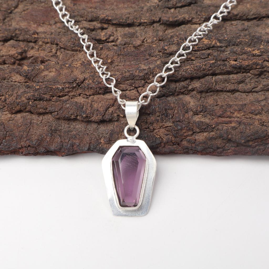 Coffin Amethyst Gemstone 925 Silver Daughter Gift Art Deco Handcrafted Pendant PP-53-2