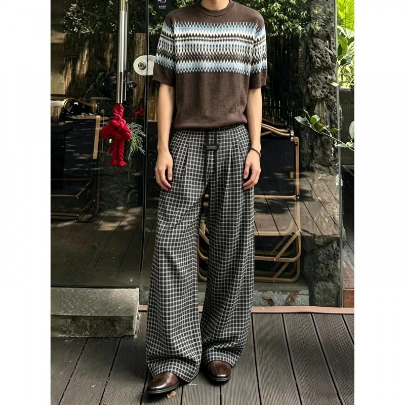 Mens Plaid Casual Trousers Thin Breathable Straight Leg Loose Pants
