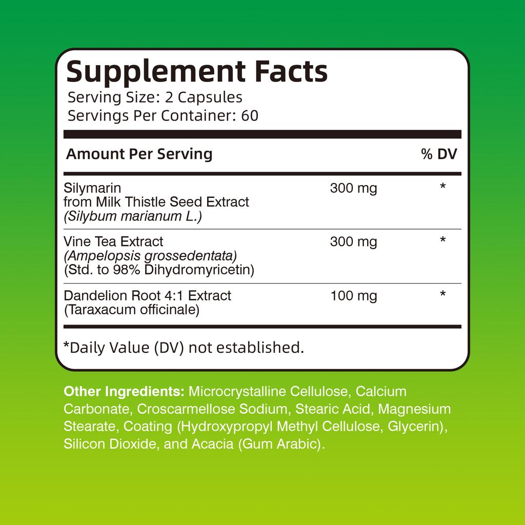 Rich in silymarin and dandelion root extract, it supports liver function and metabolism, and is suitable for adults.