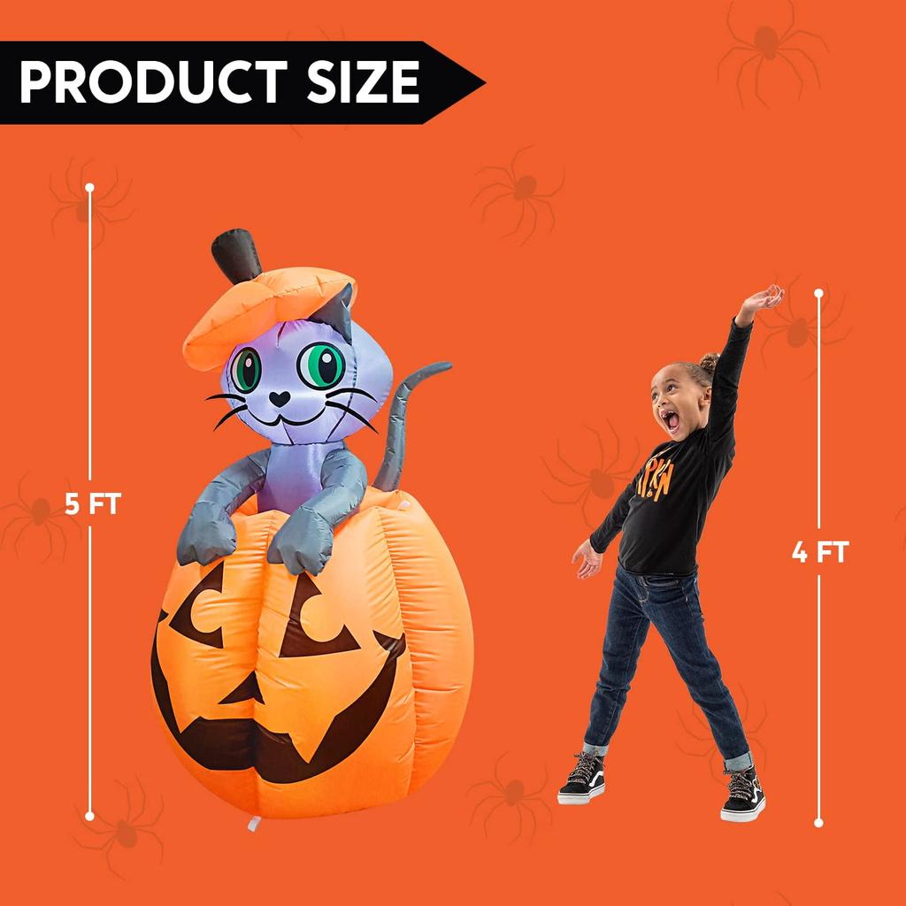 Joyfy 5 Ft Animated Kitty Cat Halloween Inflatable On Pumpkin Outdoor Decoration Halloween Blow Up Yard Lawn Inflatables