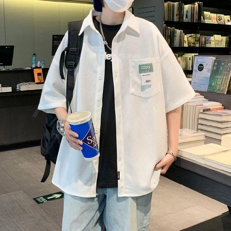 Рубашка с короткими рукавами из вафельной ткани для мужчин, летняя новая корейская версия 2024 года, красивая рубашка с рукавом пять четвертей, красивый повседневный топ Rascal