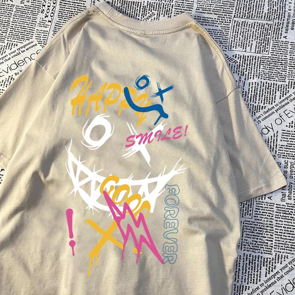 Happy Word Funny Forever Colorful Pattern T Shirt Men Casual Loose Summer Tops Casual Oversize T Shirt Cartoons Pattern Tshirt