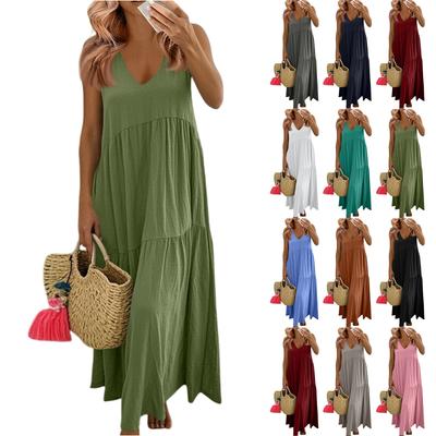Женское летнее модное однотонное платье большого размера с V-образным вырезом, длинное, без рукавов