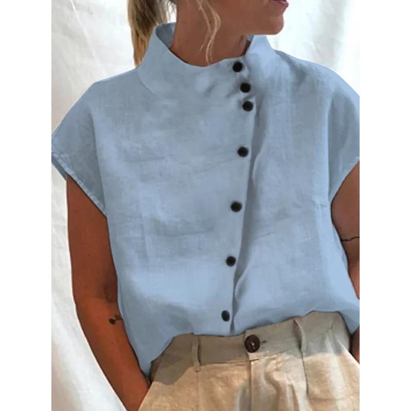 Women's Fashion Casual Summer Spring Solid Color Print Short Sleeve Half Turtleneck Blouses & Shirts