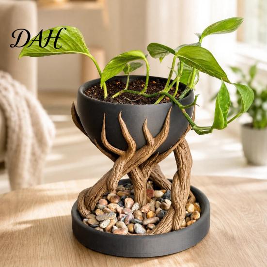 Succulent Planter Pot 3D Printed Tree Root Planter, Bionic Wood Textured Flower with Small Miscellaneous Storage Box Drainage Hole, Container