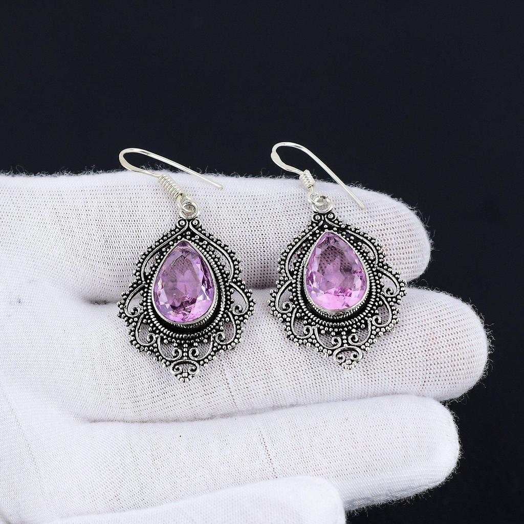 Серьги с розовым кунцитом, серьги с драгоценными камнями, старинные серебряные серьги с розовым кунцитом, ювелирные изделия из цельного серебра 925 пробы, серьги с драгоценными камнями для нее