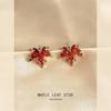 Maple Leaf Micro-Paved Zircon Red Stud Earrings for Women, 925 Silver with 14K Plating