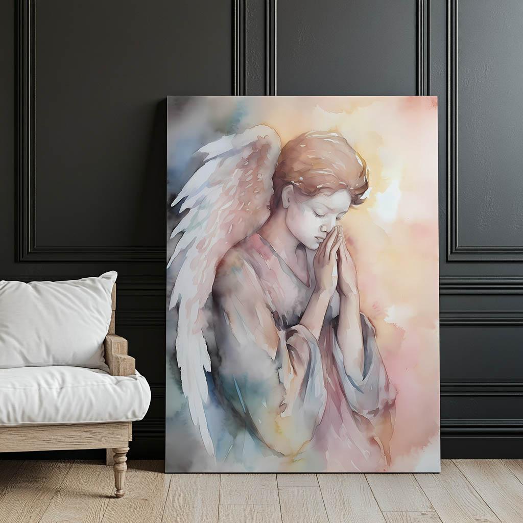 Modlący Się Anioł W Pastelowych Tonach Modlący Się Anioł W Pastelowych Tonach, 70X100 Cm, Rama Aluminiowa Czarna, Papier Matowy 230 Gsm