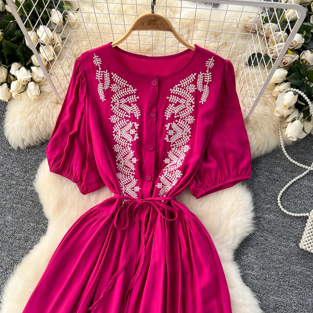 Винтажное платье с круглым вырезом для женщин с рукавами-фонариками, вышитыми шнуровкой, платья А-силуэта, однотонные лоскутные пуговицы, летнее платье