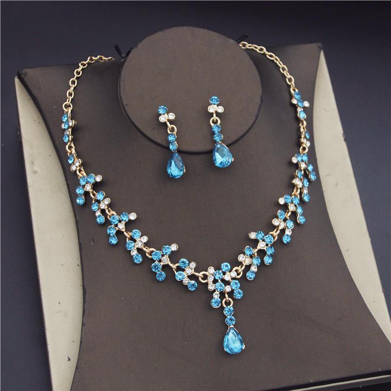 Crystal Bridal Wedding Jewelry Sets Women Gold Color Rhinestone Necklace Long Earrings Set Dress Accessories Bridesmaid