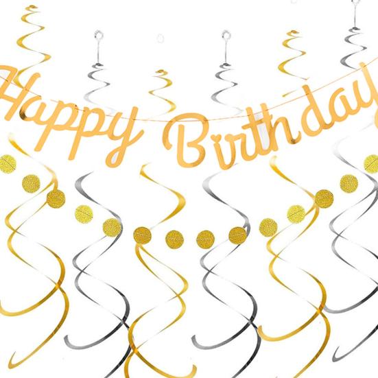 Золотой блестящий баннер с днем ​​рождения, набор для украшения баннера с круговой точкой, блестящий картонный флаг на день рождения, висячие завитки, гирлянда, праздничные атрибуты